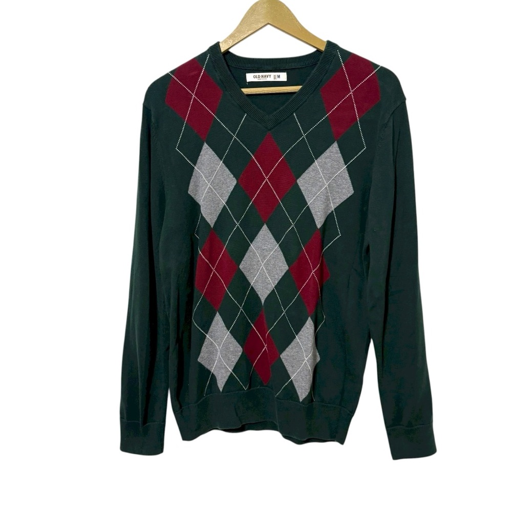 Old Navy Men’s Medium Green Red Argyle‎ Pattern Sweater Preppy Academia Business